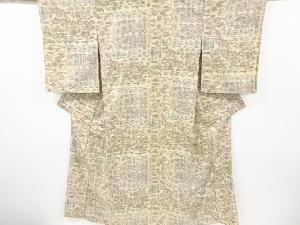 アンティーク　抽象草花模様織り出し手織り真綿小千谷紬着物